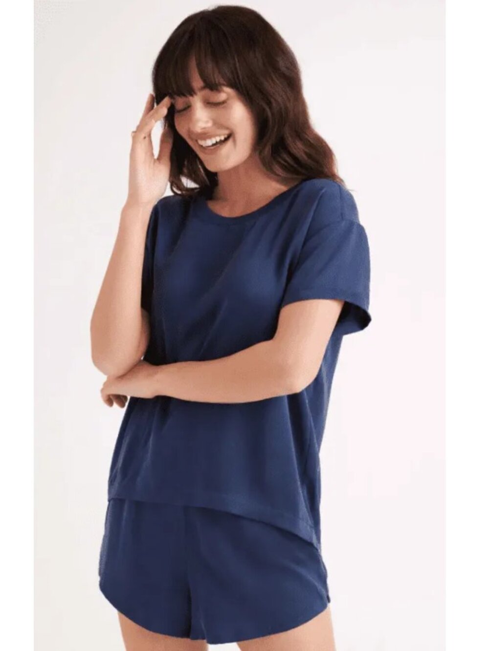 Quince SILK Navy Blue Short Sleeve Pajama Top blouse shirt
